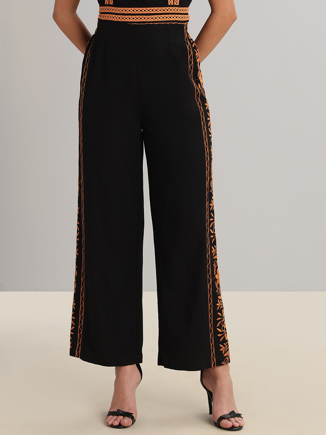 Black Contrast Embroidered Pants