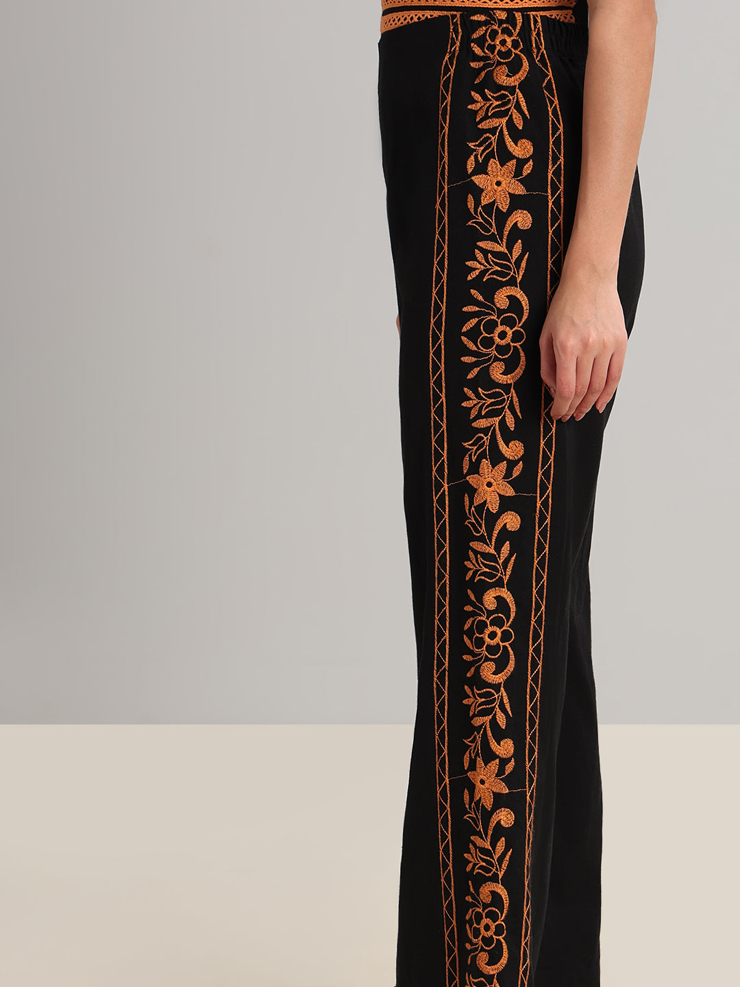 Black Contrast Embroidered Pants