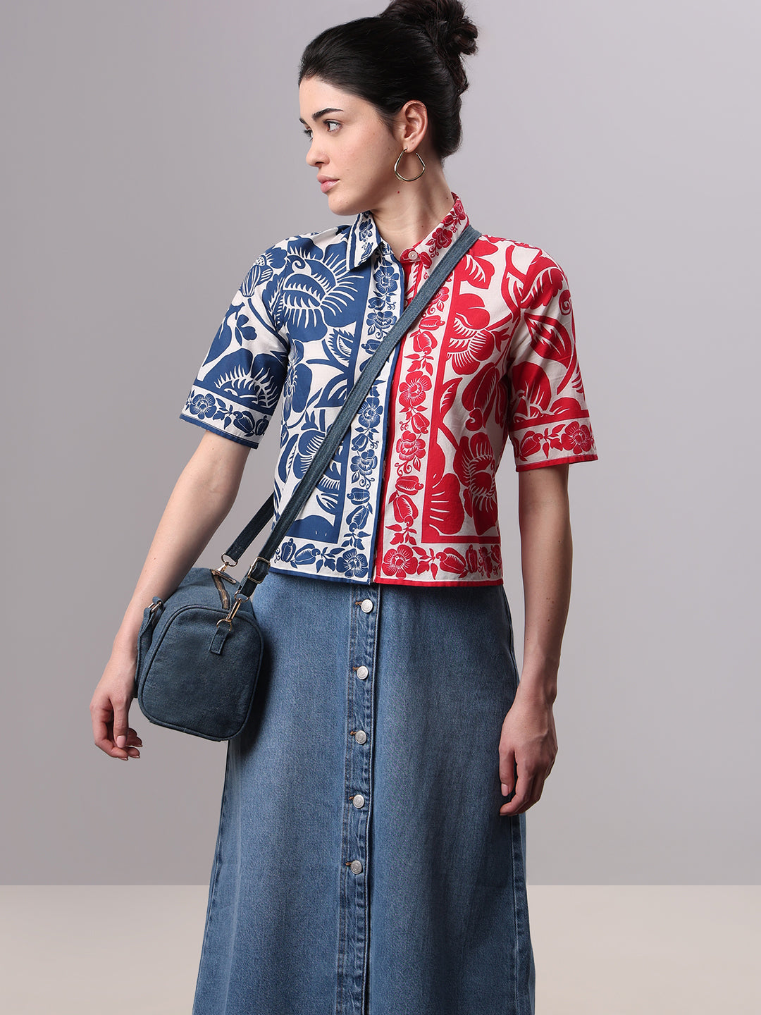 Colourblocked Printed Cotton Shirt - XS