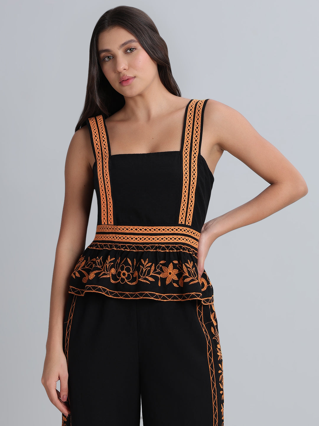 Black Contrast Embroidered Top