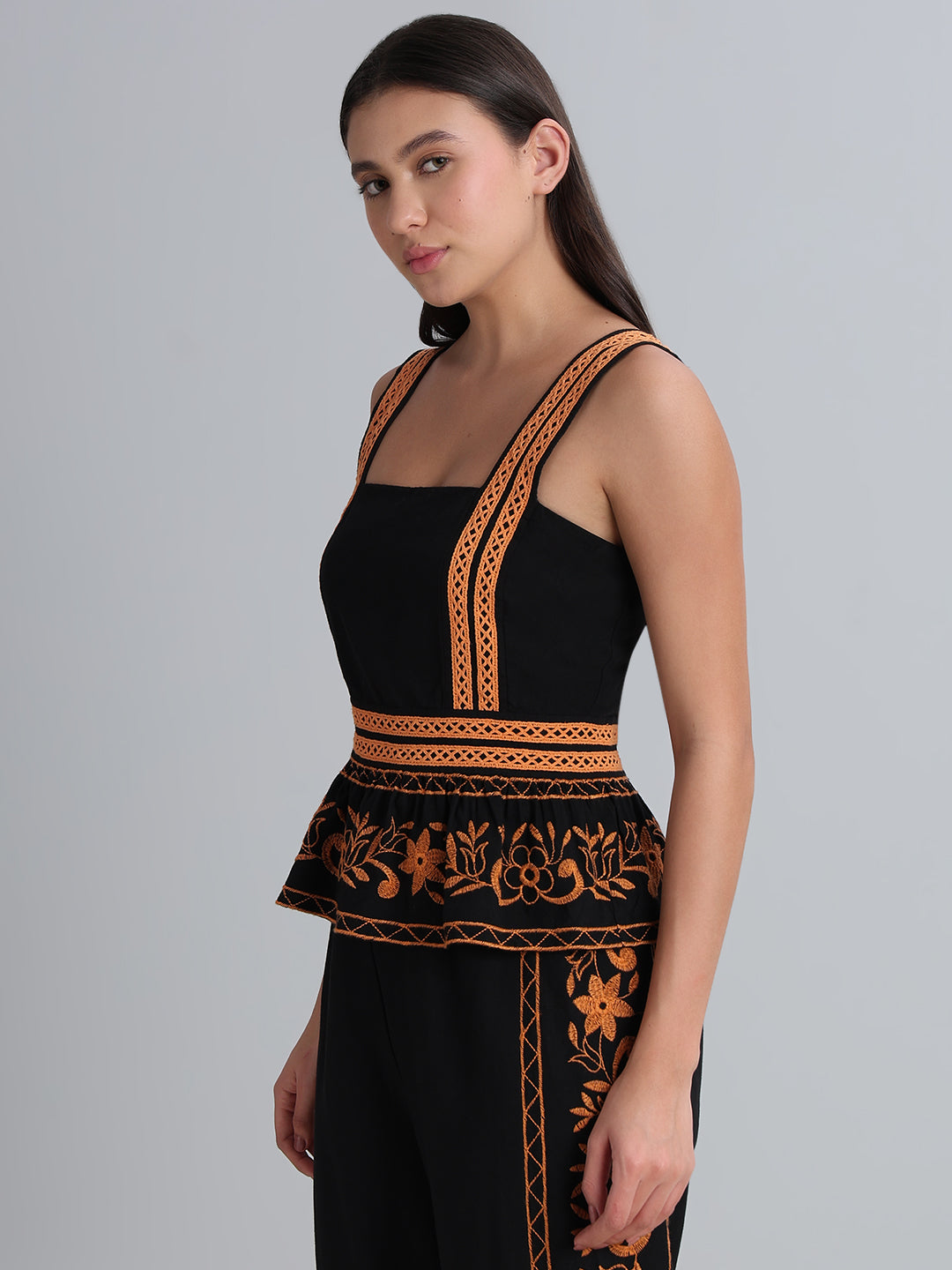 Black Contrast Embroidered Top
