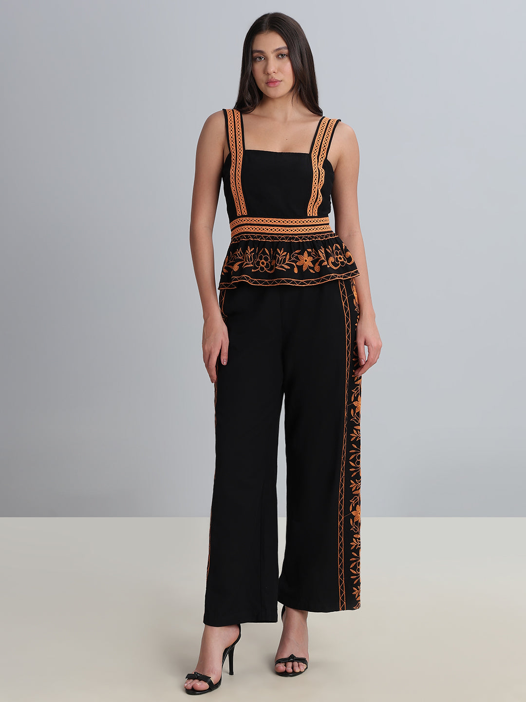 Black Contrast Embroidered Top