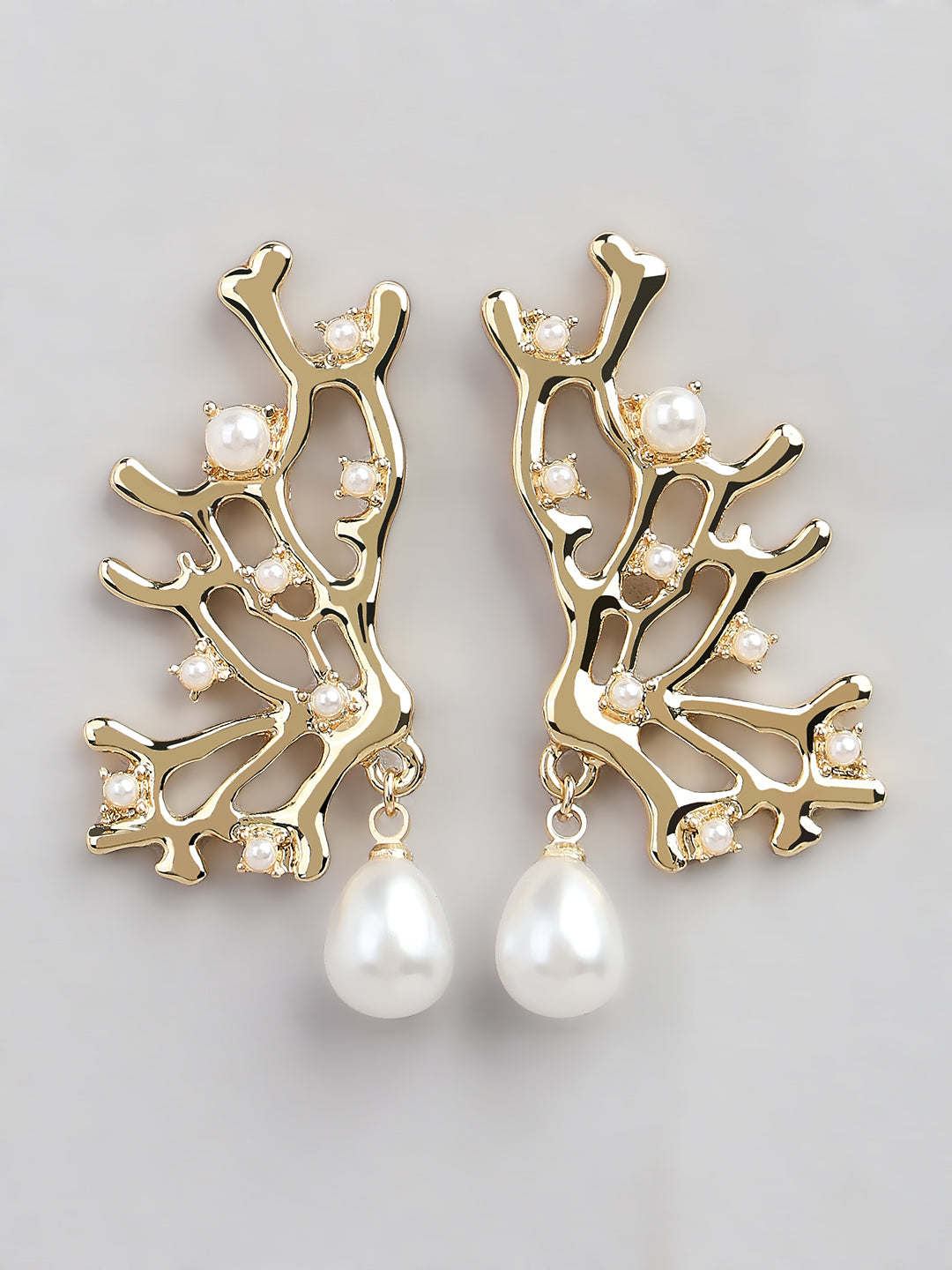 Golden Coral Pearl Drop Earrings