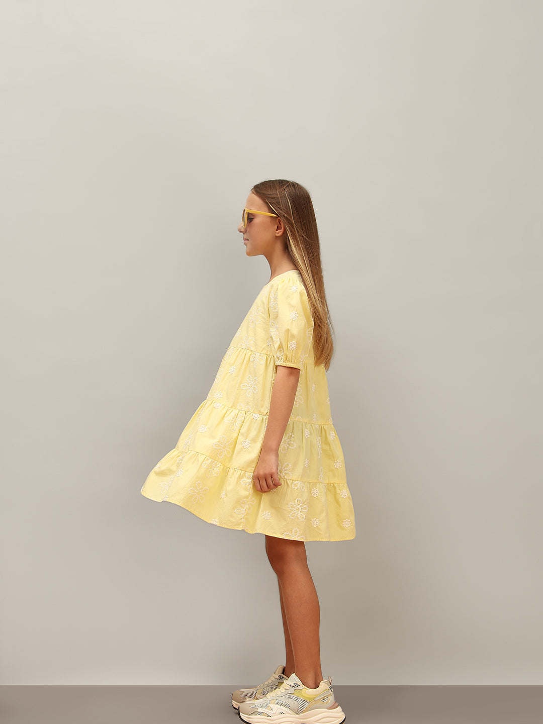 GIRL Yellow Embroidered Tiered Dress