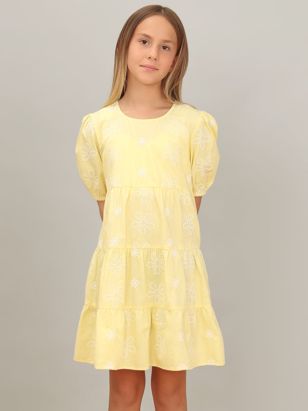 GIRL Yellow Embroidered Tiered Dress