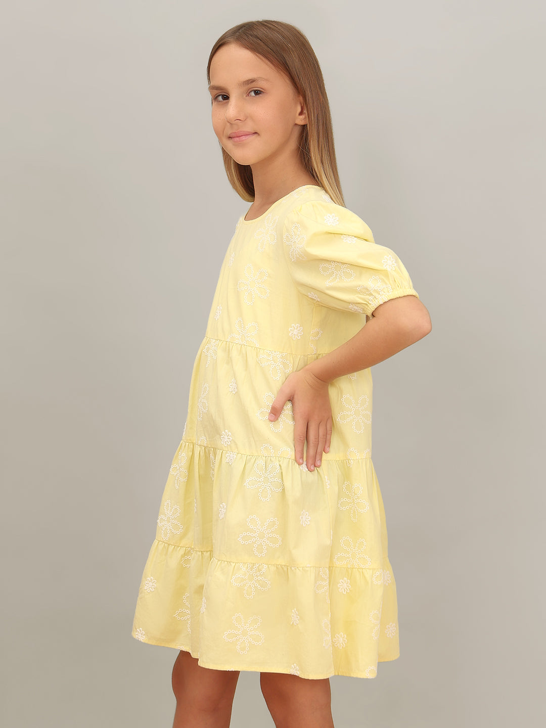 GIRL Yellow Embroidered Tiered Dress