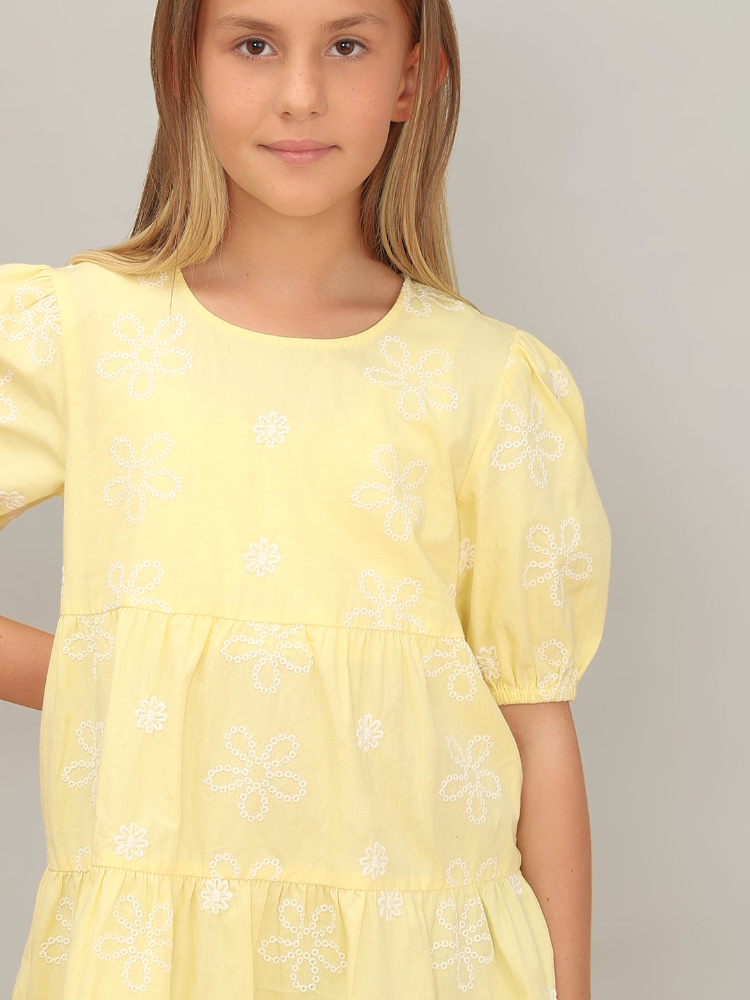 GIRL Yellow Embroidered Tiered Dress