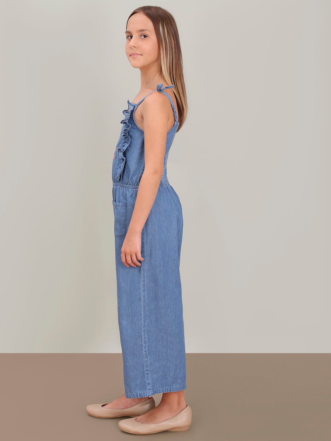 GIRL Blue Embroidered Print Denim Jumpsuit