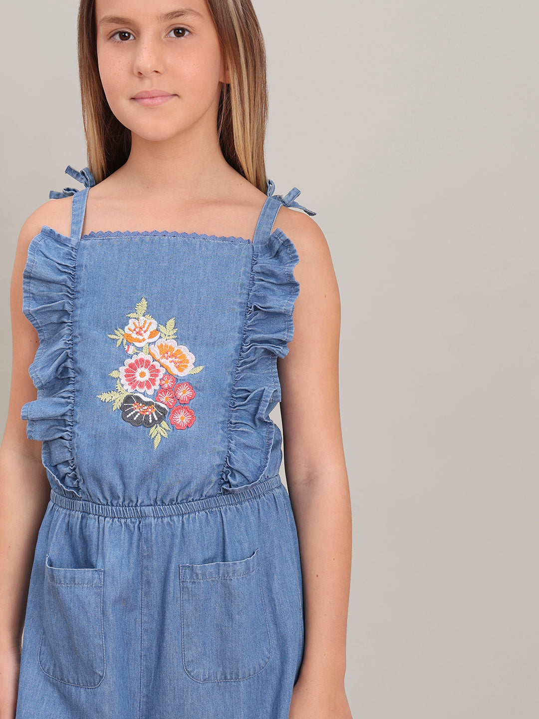 GIRL Blue Embroidered Print Denim Jumpsuit