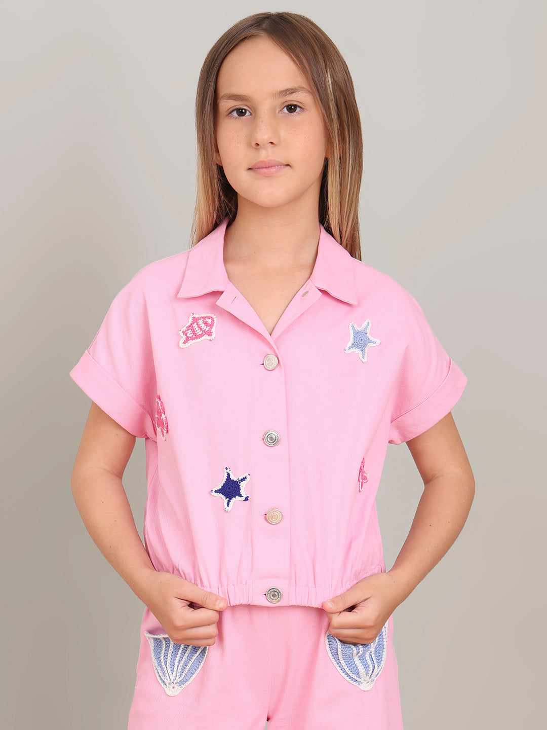 GIRL Pink Crochet Patch Cotton Shirt