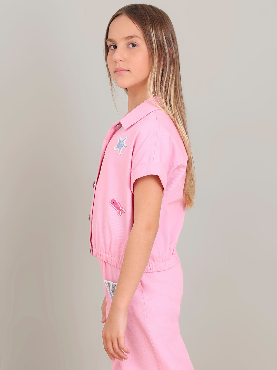 GIRL Pink Crochet Patch Cotton Shirt