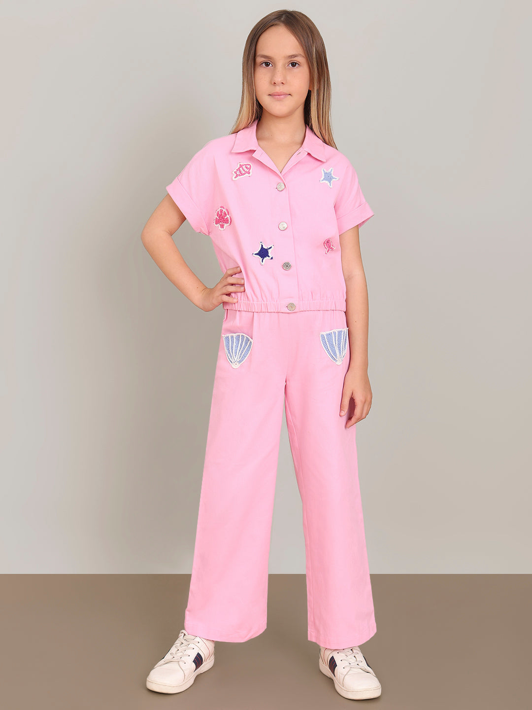 GIRL Pink Crochet Patch Cotton Shirt