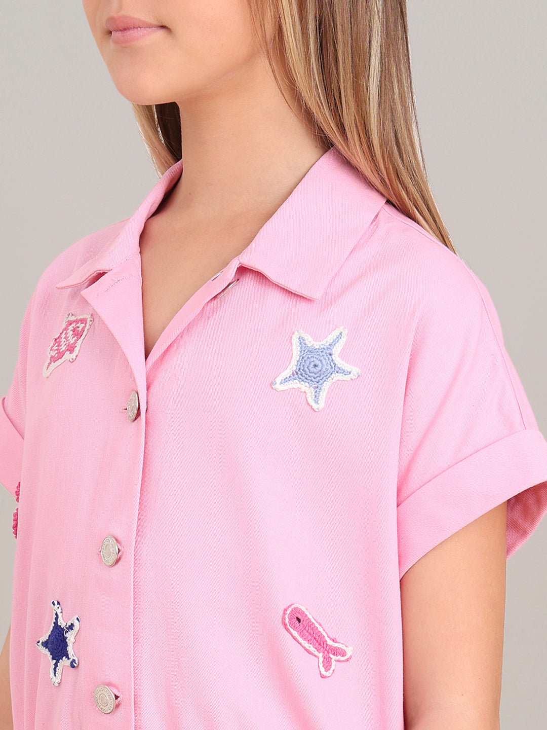 GIRL Pink Crochet Patch Cotton Shirt