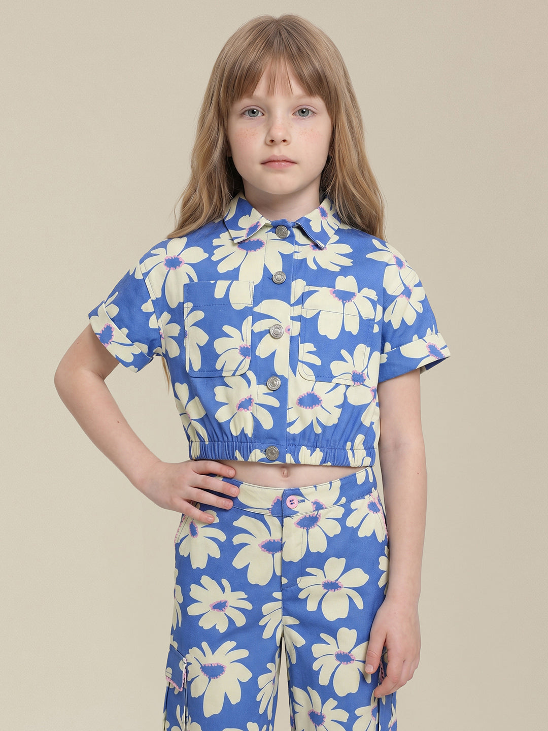 GIRLS Blue Floral Cropped Shirt