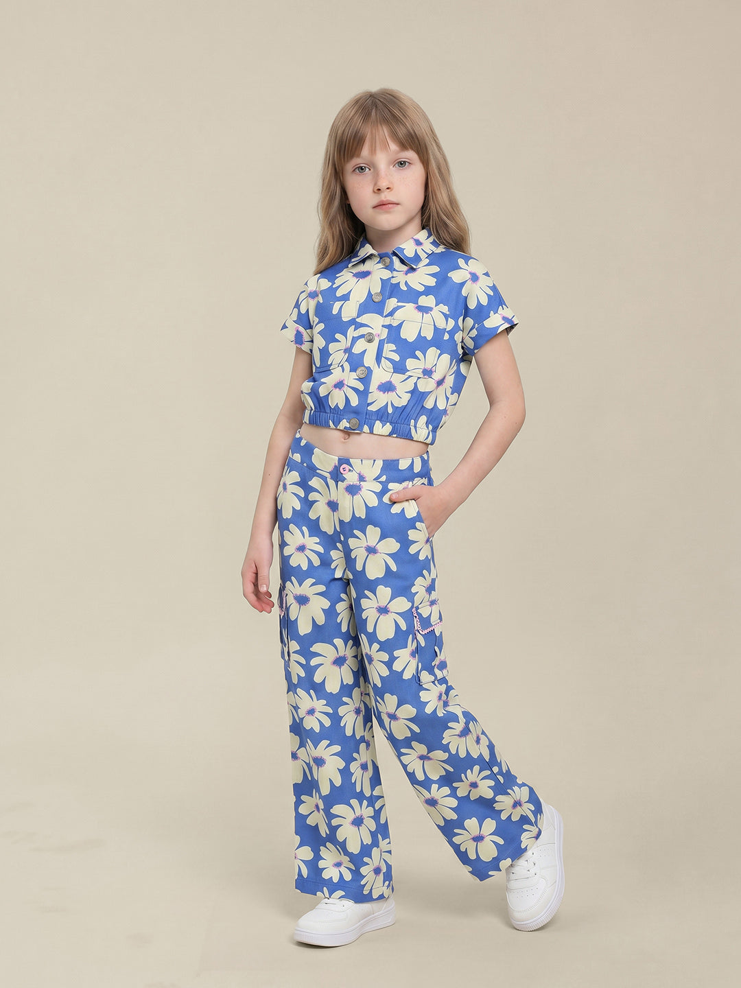 GIRLS Blue Floral Cropped Shirt