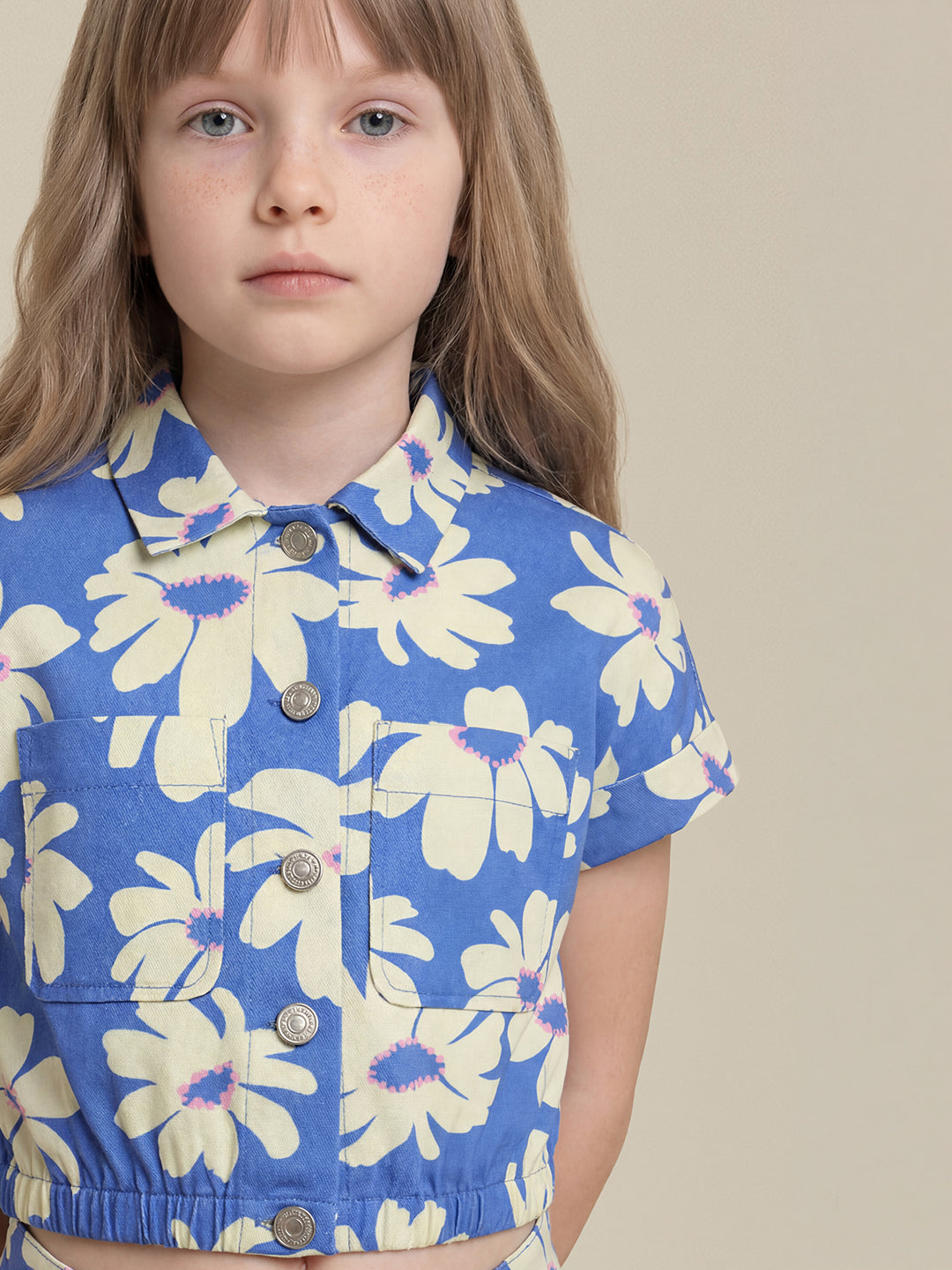 GIRLS Blue Floral Cropped Shirt
