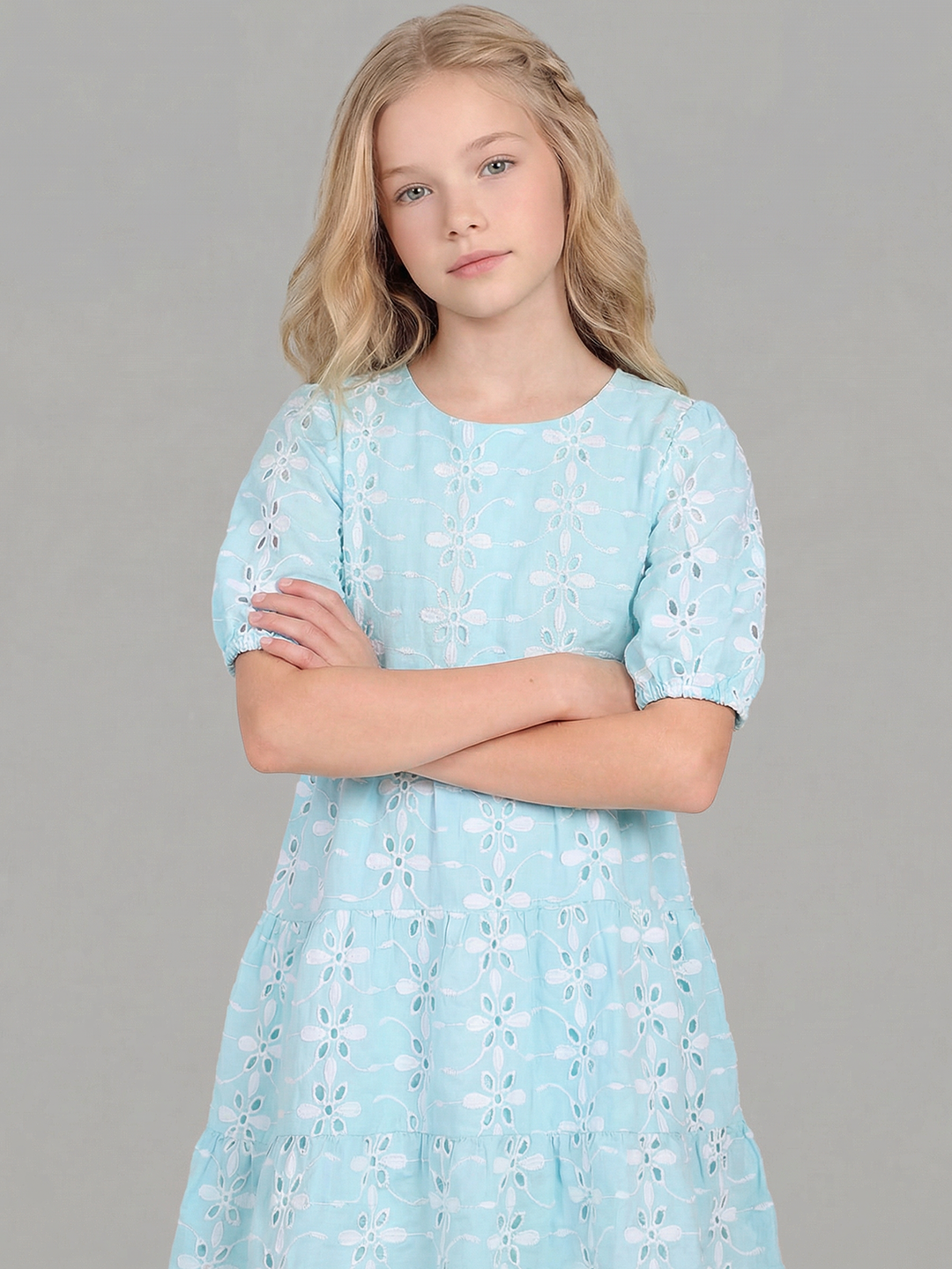 GIRLS Blue Embroidered Tiered Dress