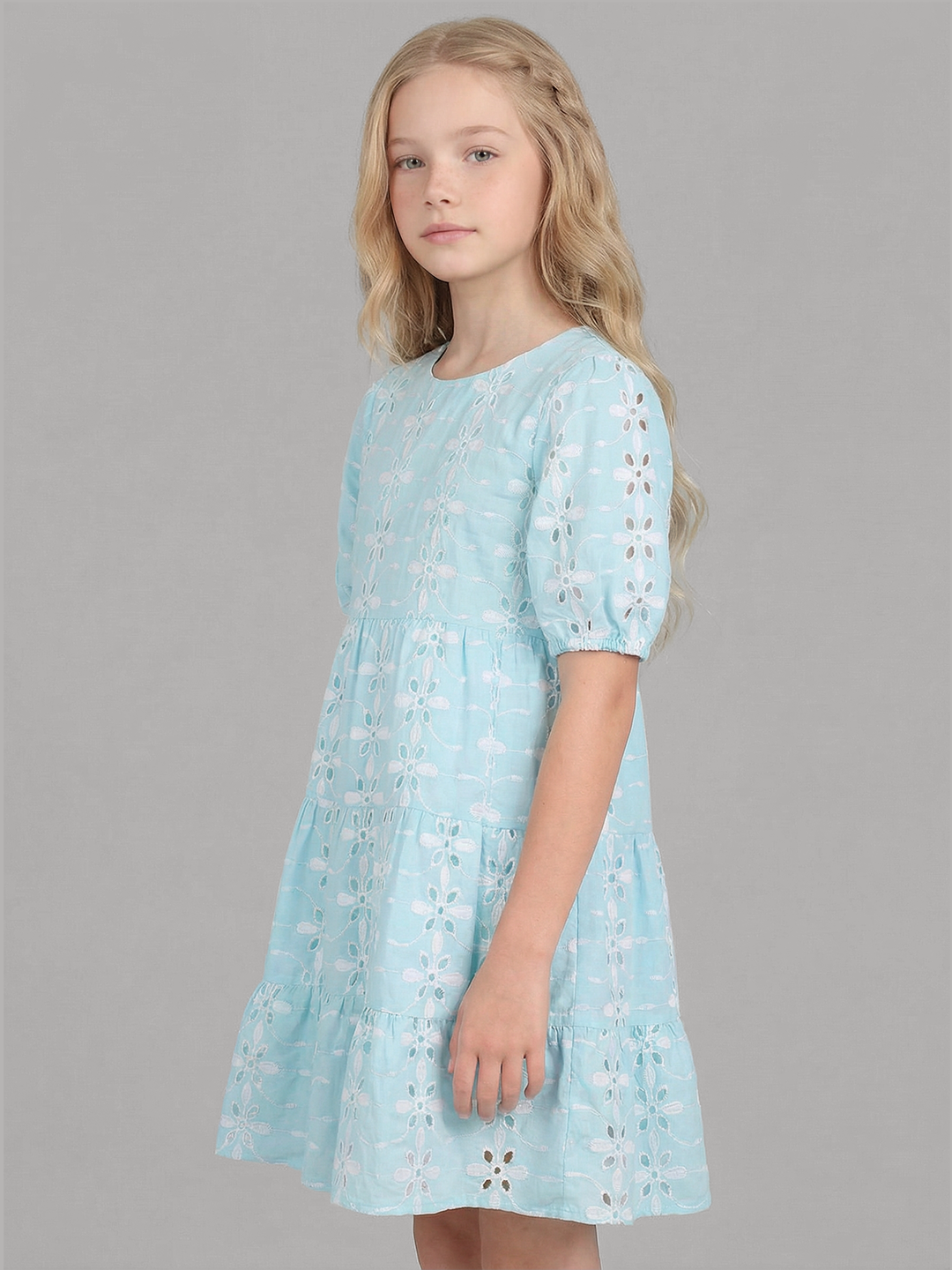 GIRLS Blue Embroidered Tiered Dress