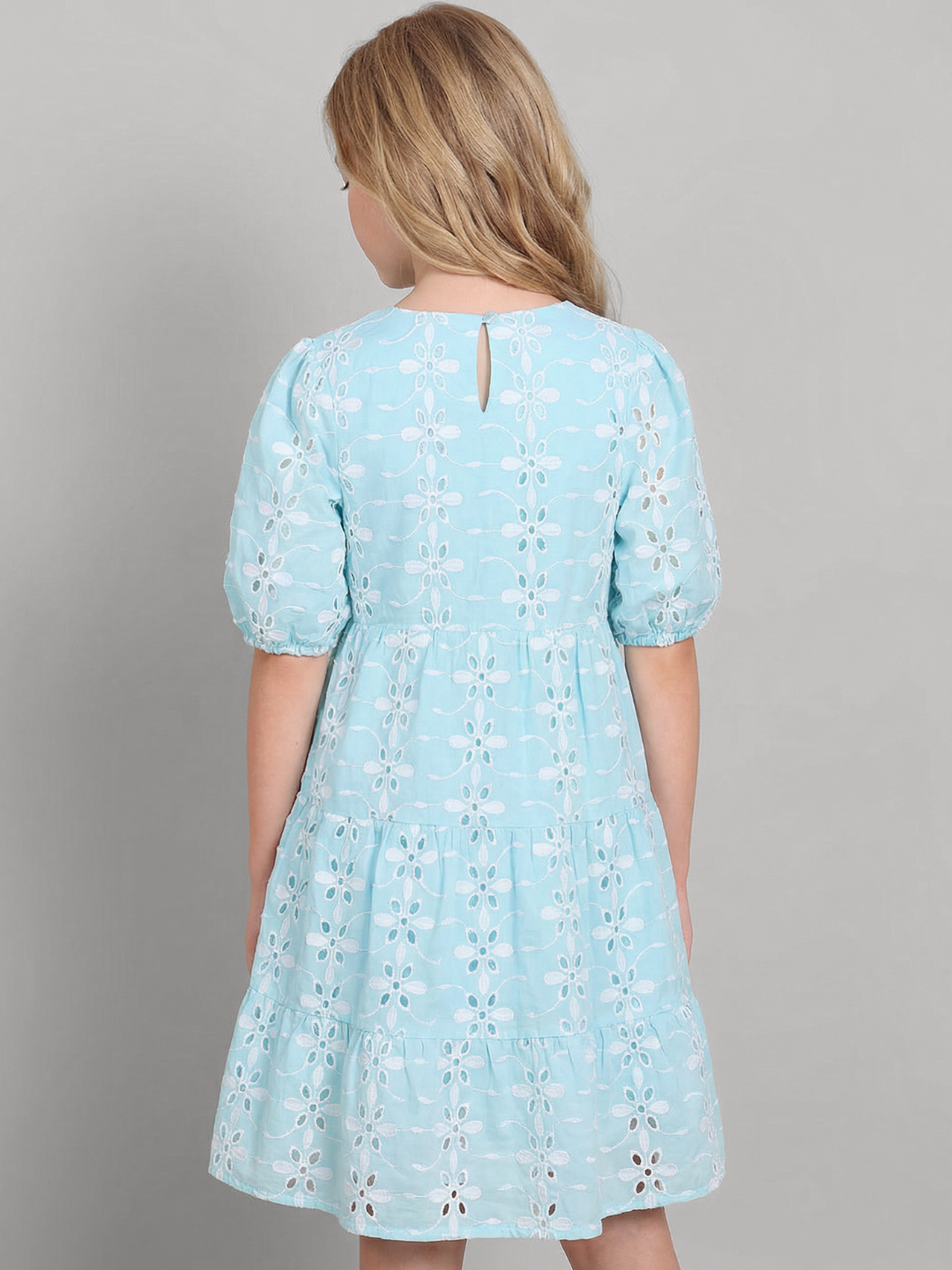 GIRLS Blue Embroidered Tiered Dress
