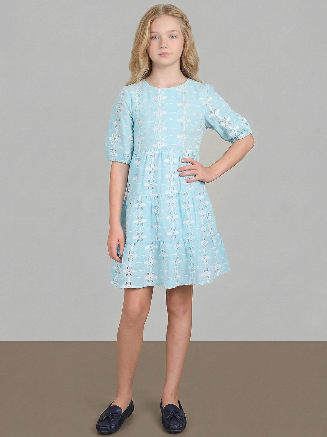 GIRLS Blue Embroidered Tiered Dress