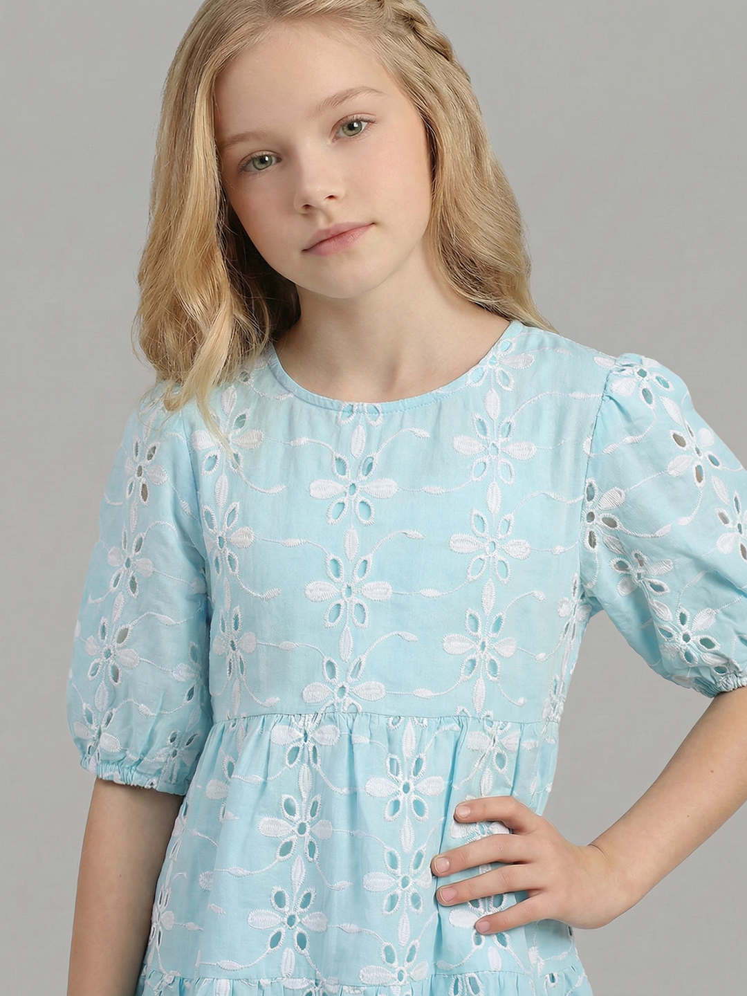 GIRLS Blue Embroidered Tiered Dress