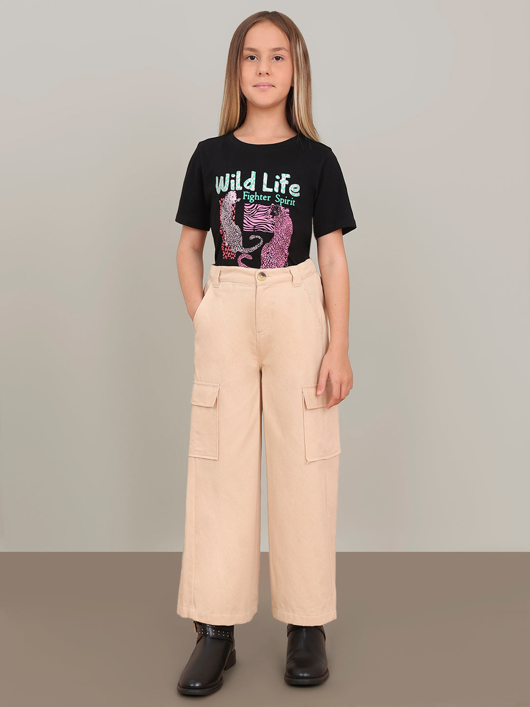 GIRL Mid Rise Wide Leg Cargo Pants - Beige