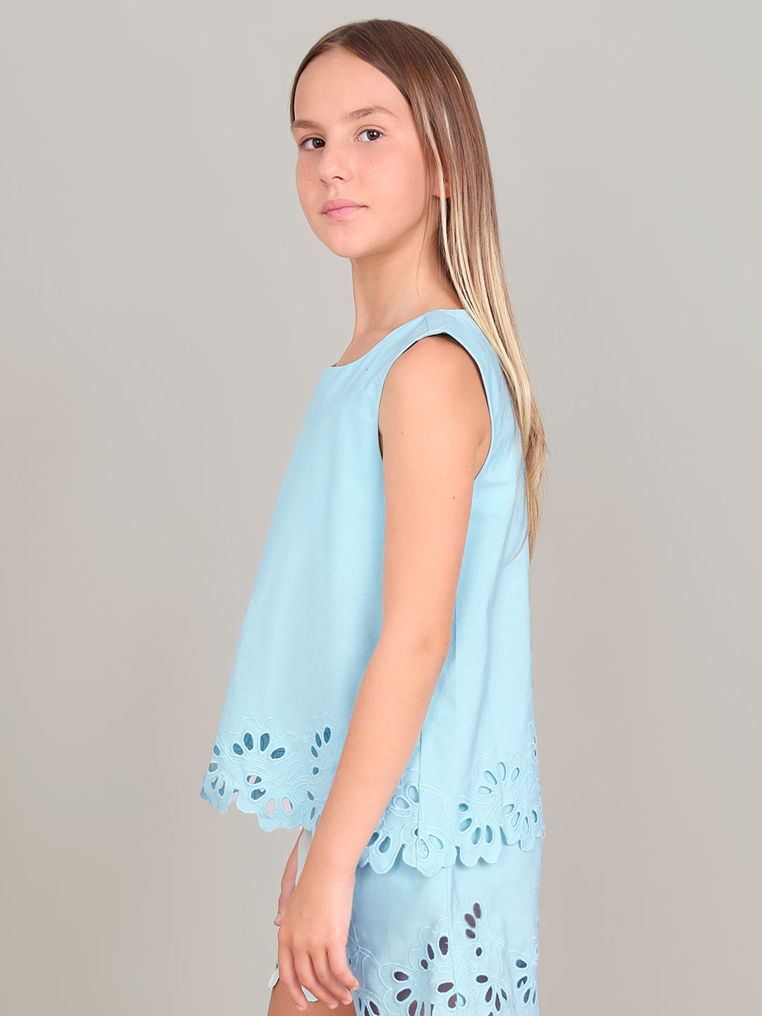 GIRL Blue Cut-Work Sleeveless Top