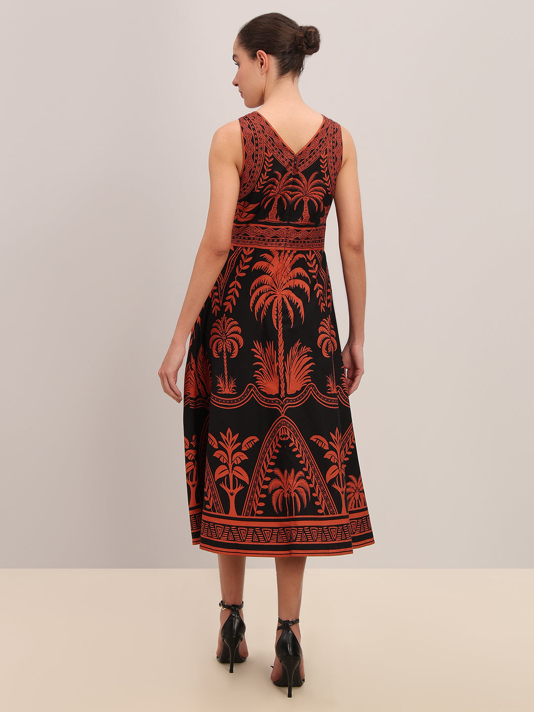 Black Printed Cotton Midi Dress
