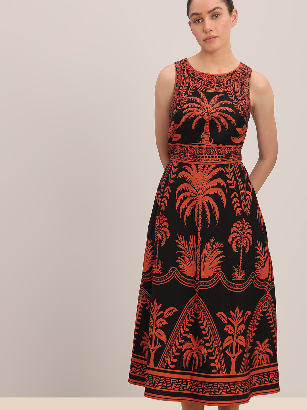 Black Printed Cotton Midi Dress