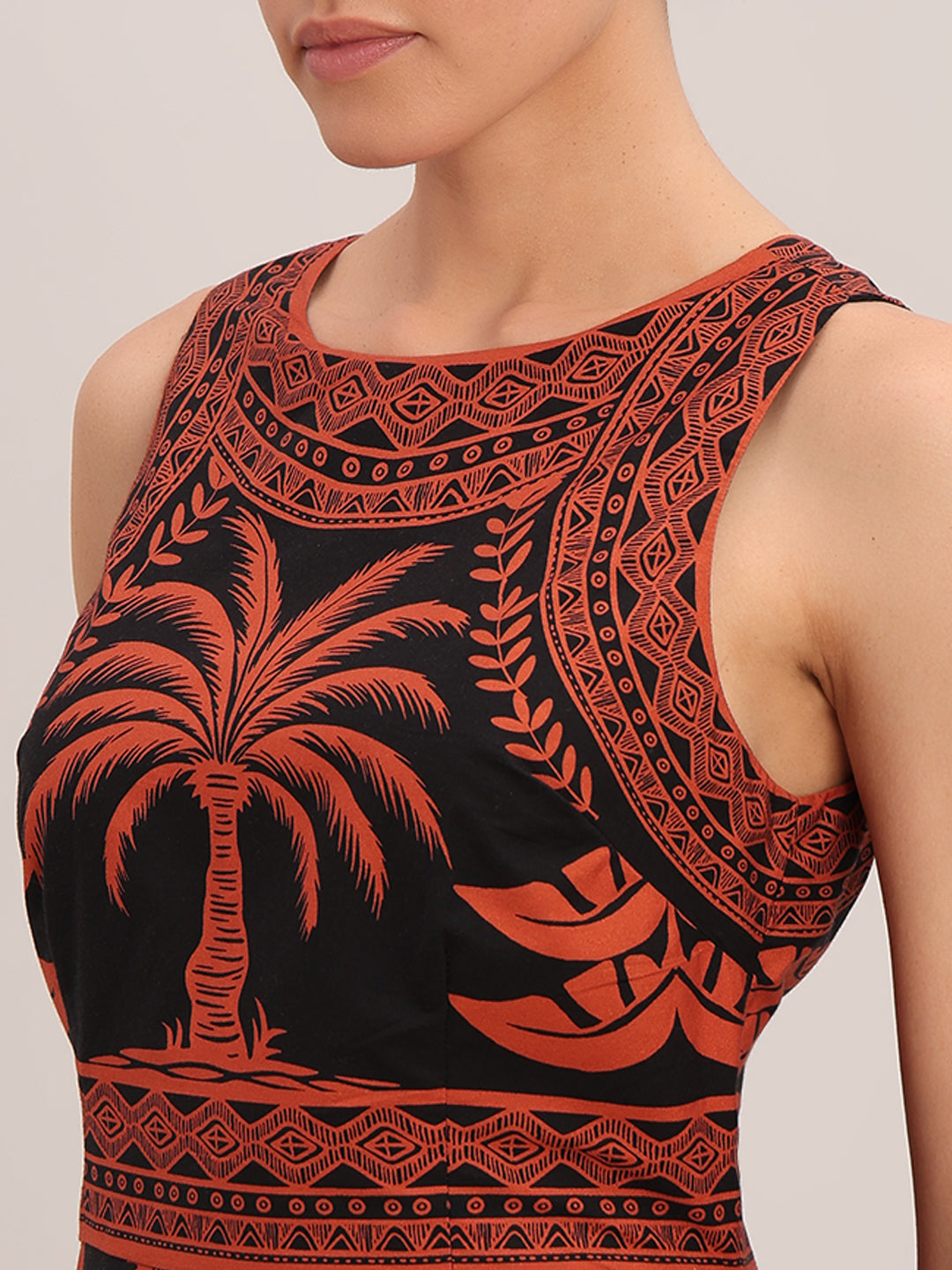 Black Printed Cotton Midi Dress