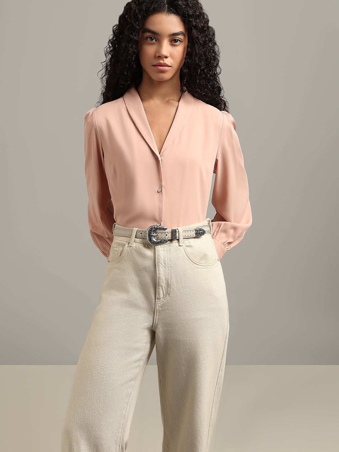 Shawl Collar Full Sleeves Top - Pink