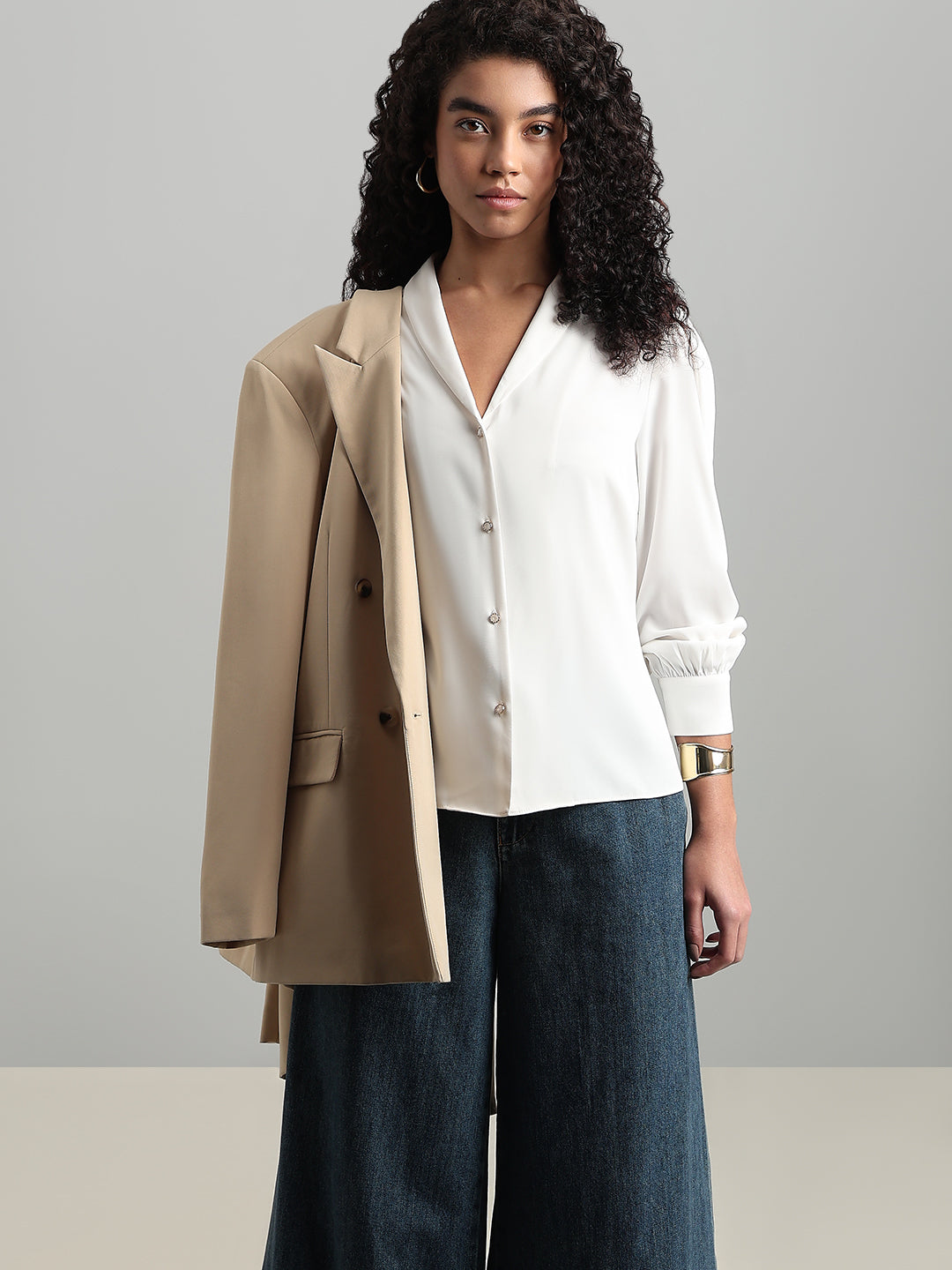 Shawl Collar Full Sleeves Top - White