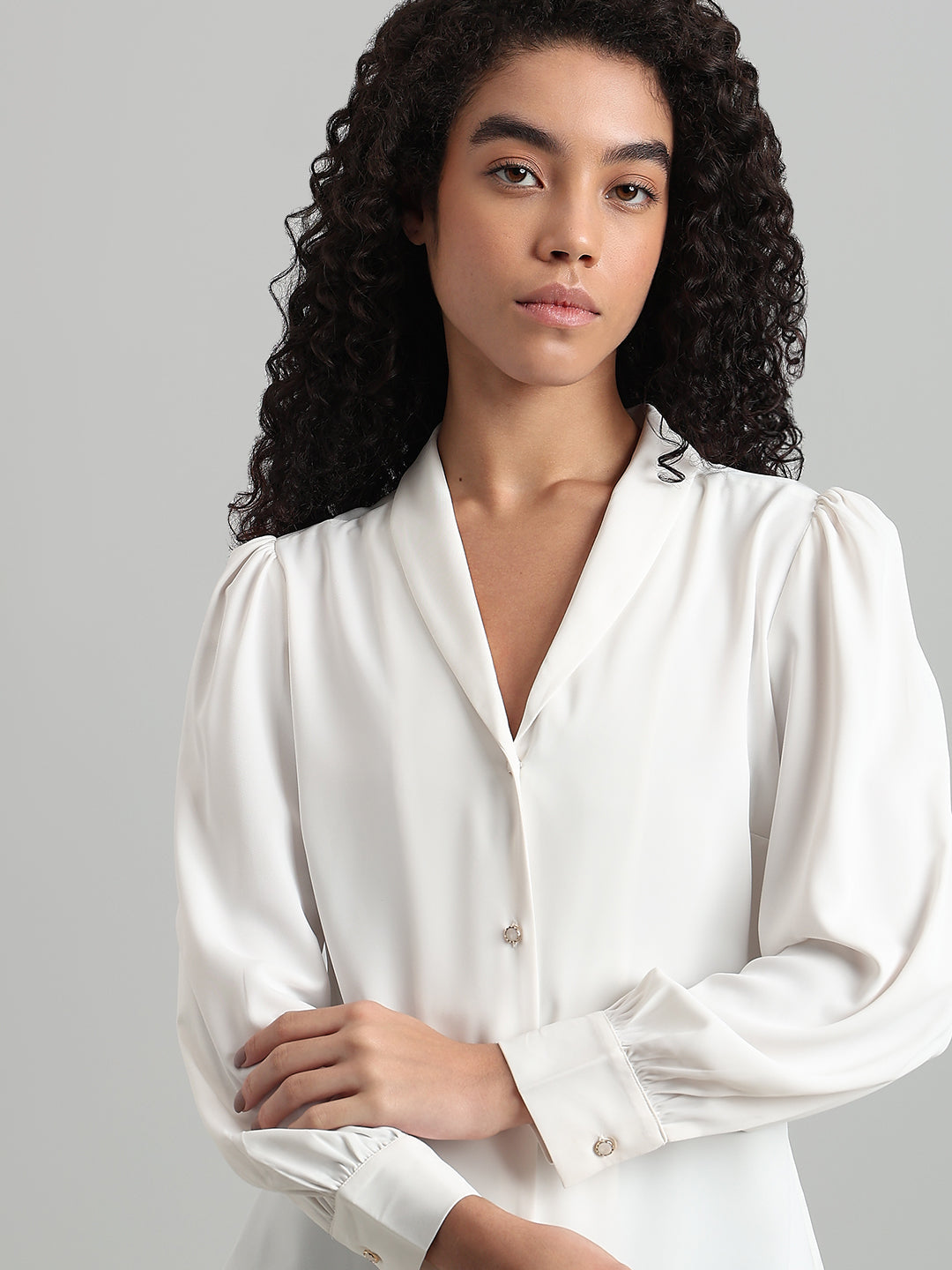 Shawl Collar Full Sleeves Top - White