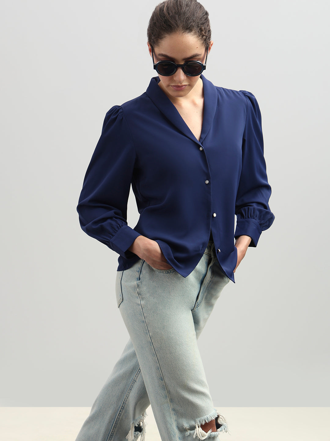 Shawl Collar Full Sleeves Top - Blue - XS