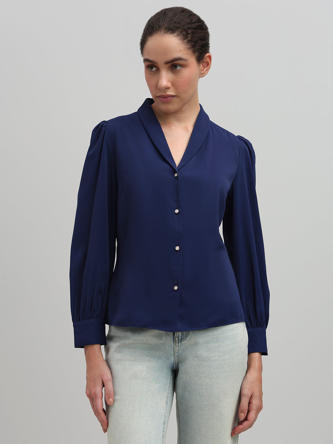 Shawl Collar Full Sleeves Top - Blue