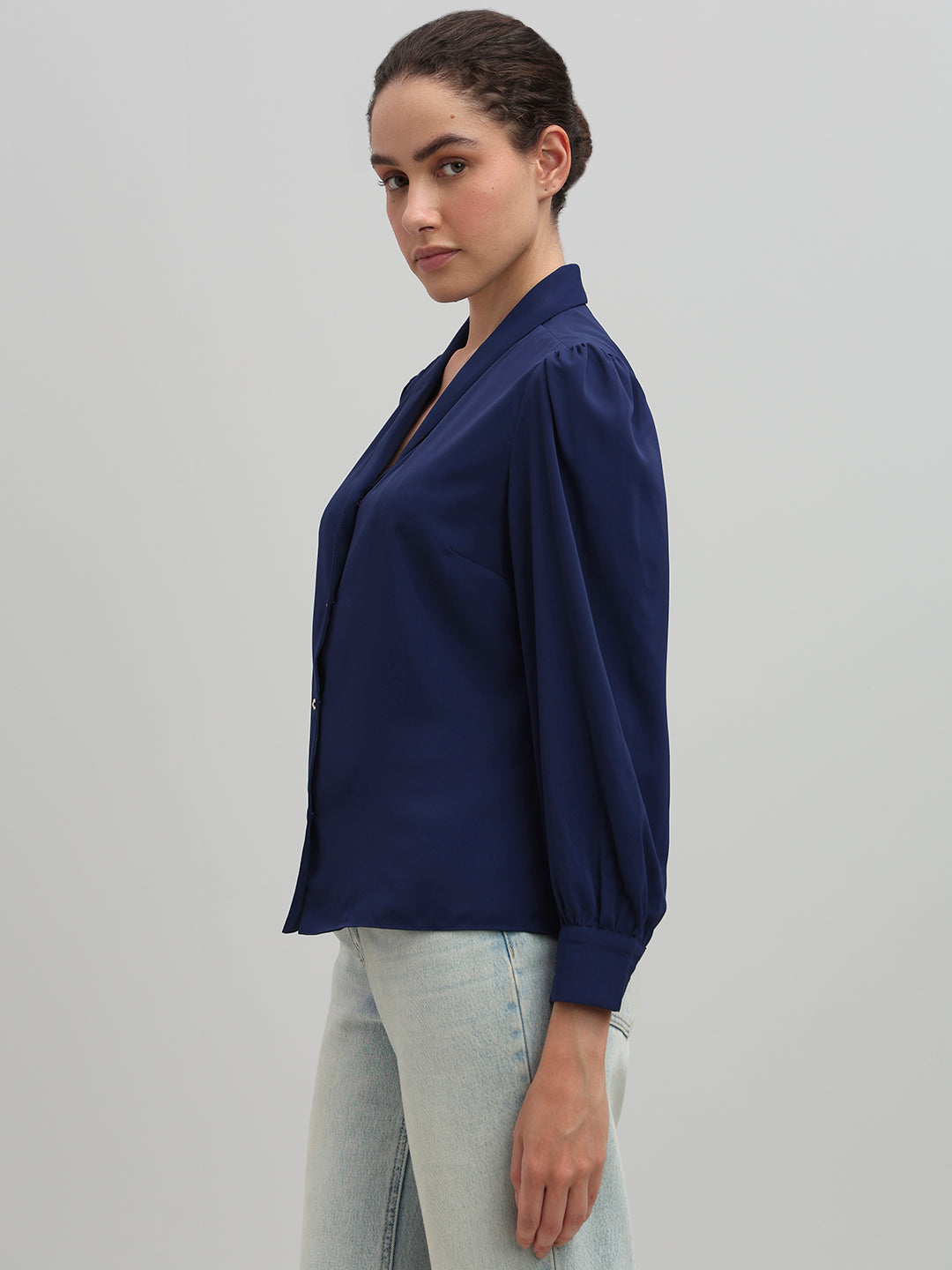 Shawl Collar Full Sleeves Top - Blue
