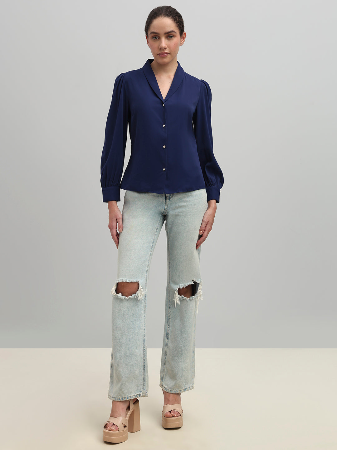 Shawl Collar Full Sleeves Top - Blue