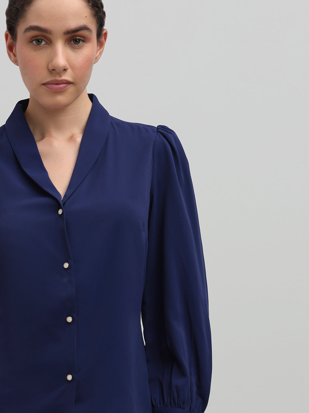 Shawl Collar Full Sleeves Top - Blue