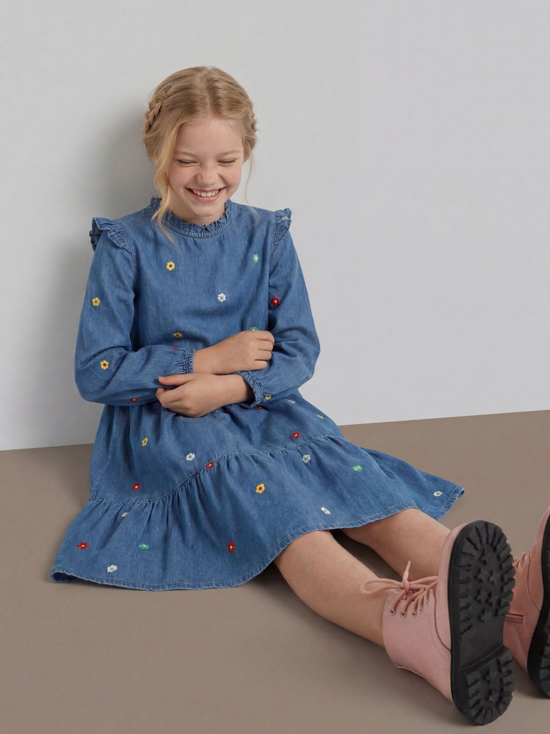 GIRLS Floral Embroidered Denim Dress