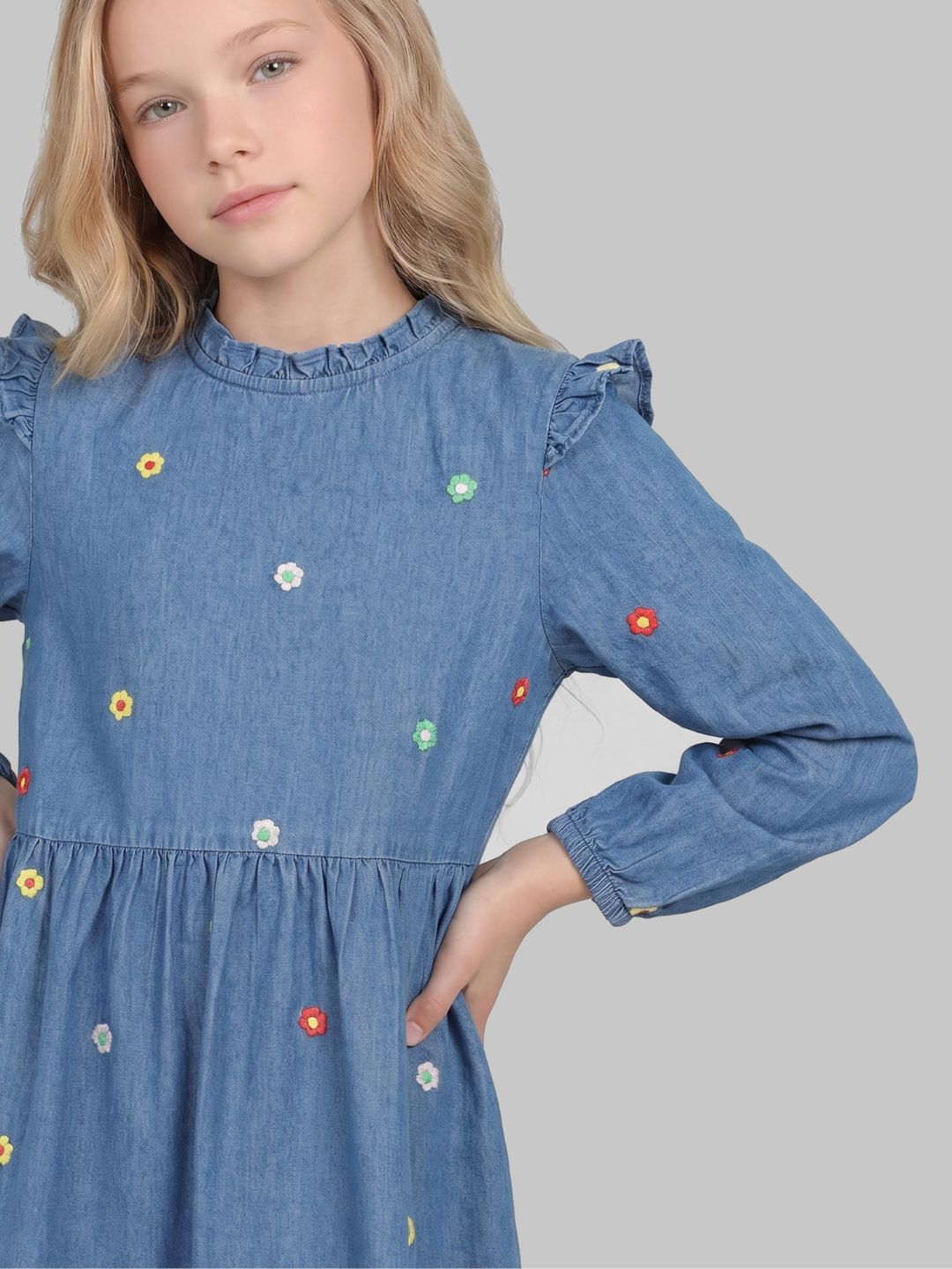 GIRLS Floral Embroidered Denim Dress