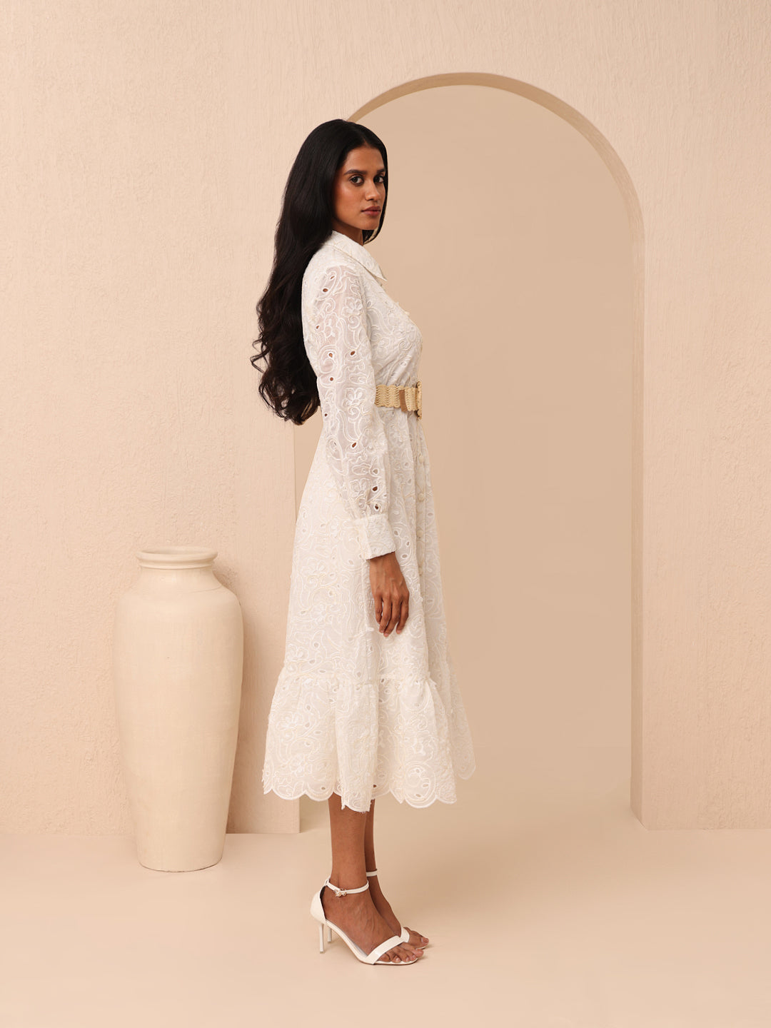 Ecru Embroidered Belted Shirt Dress