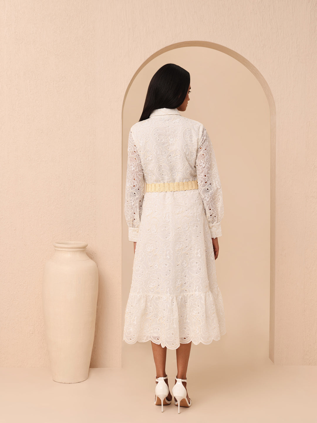 Ecru Embroidered Belted Shirt Dress