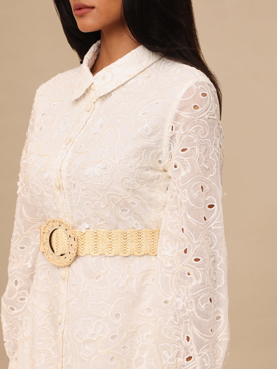 Ecru Embroidered Belted Shirt Dress