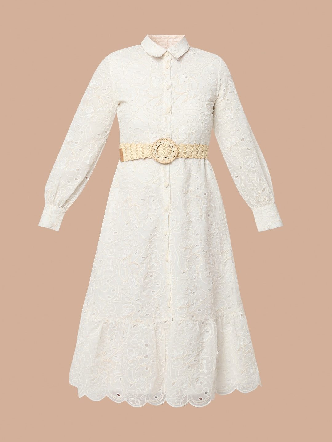 Ecru Embroidered Belted Shirt Dress