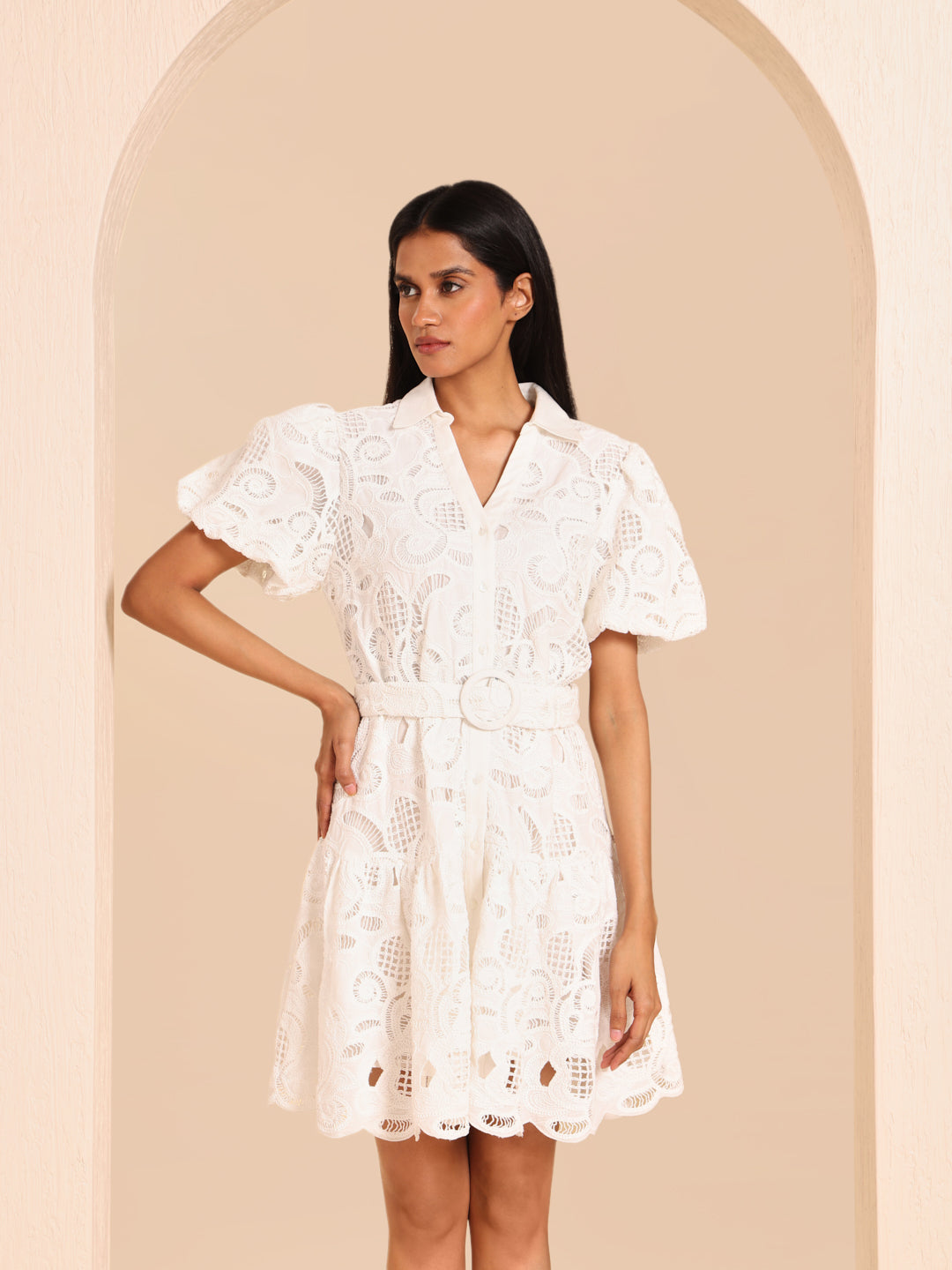 White Lace Belted Shirt Dress