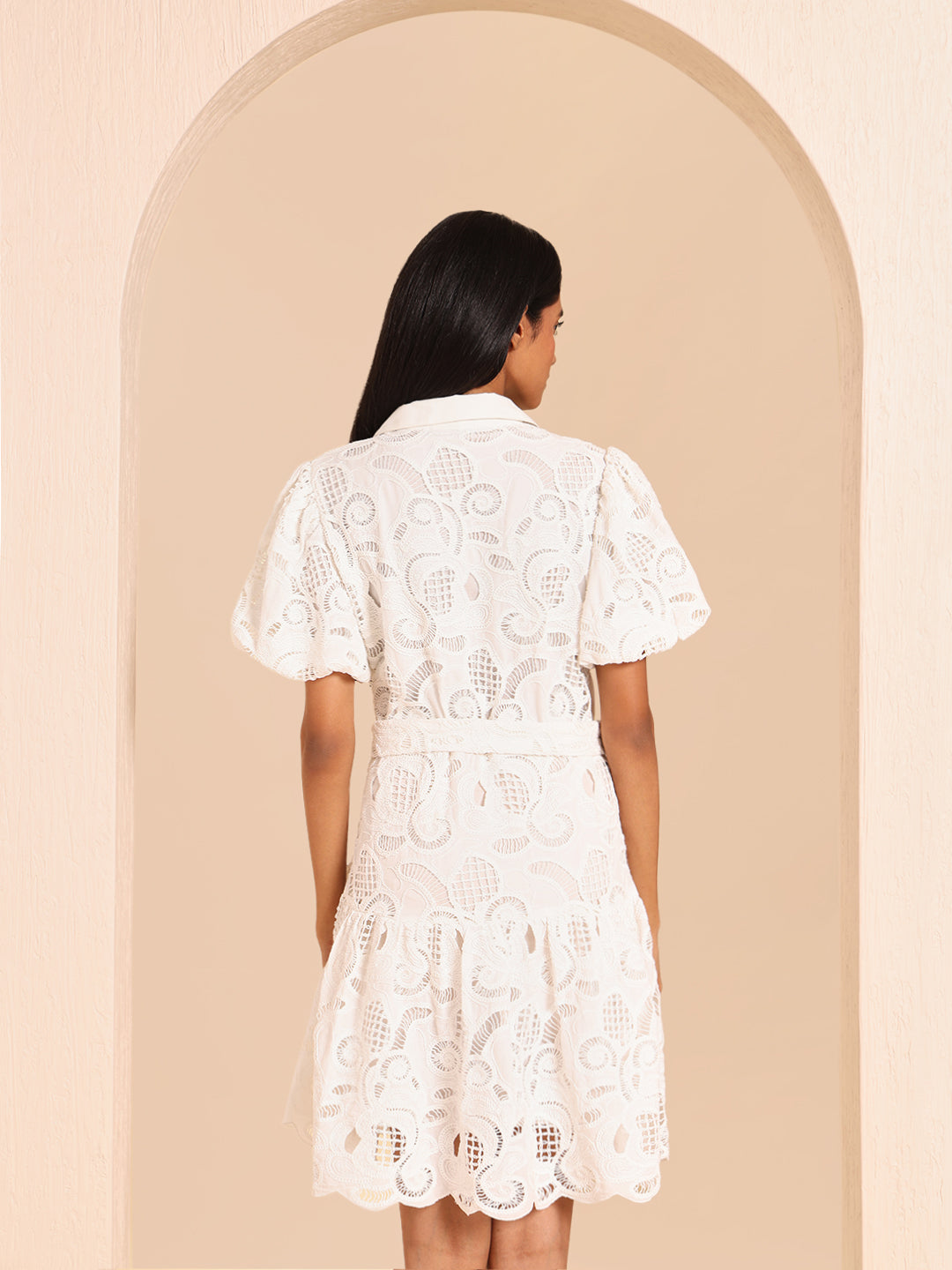White Lace Belted Shirt Dress