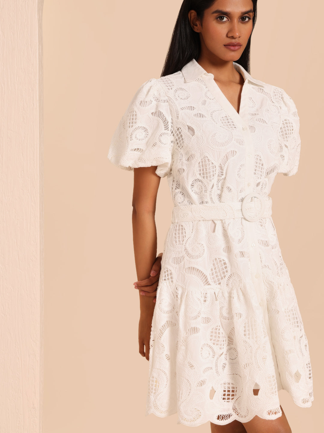 White Lace Belted Shirt Dress