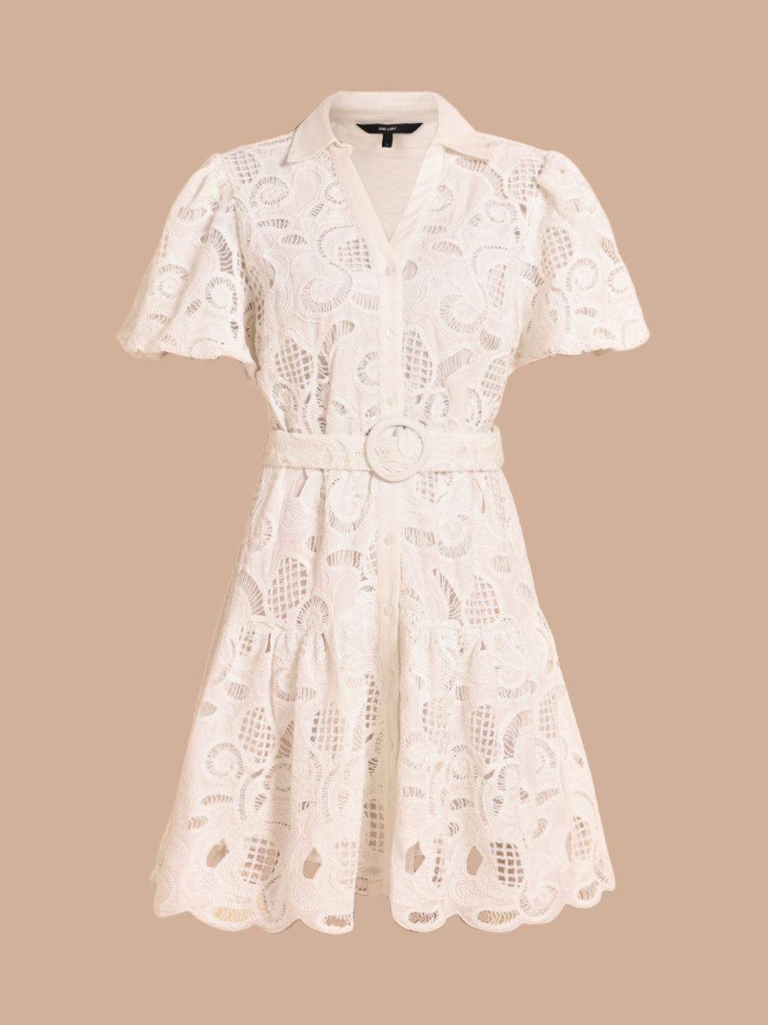 White Lace Belted Shirt Dress