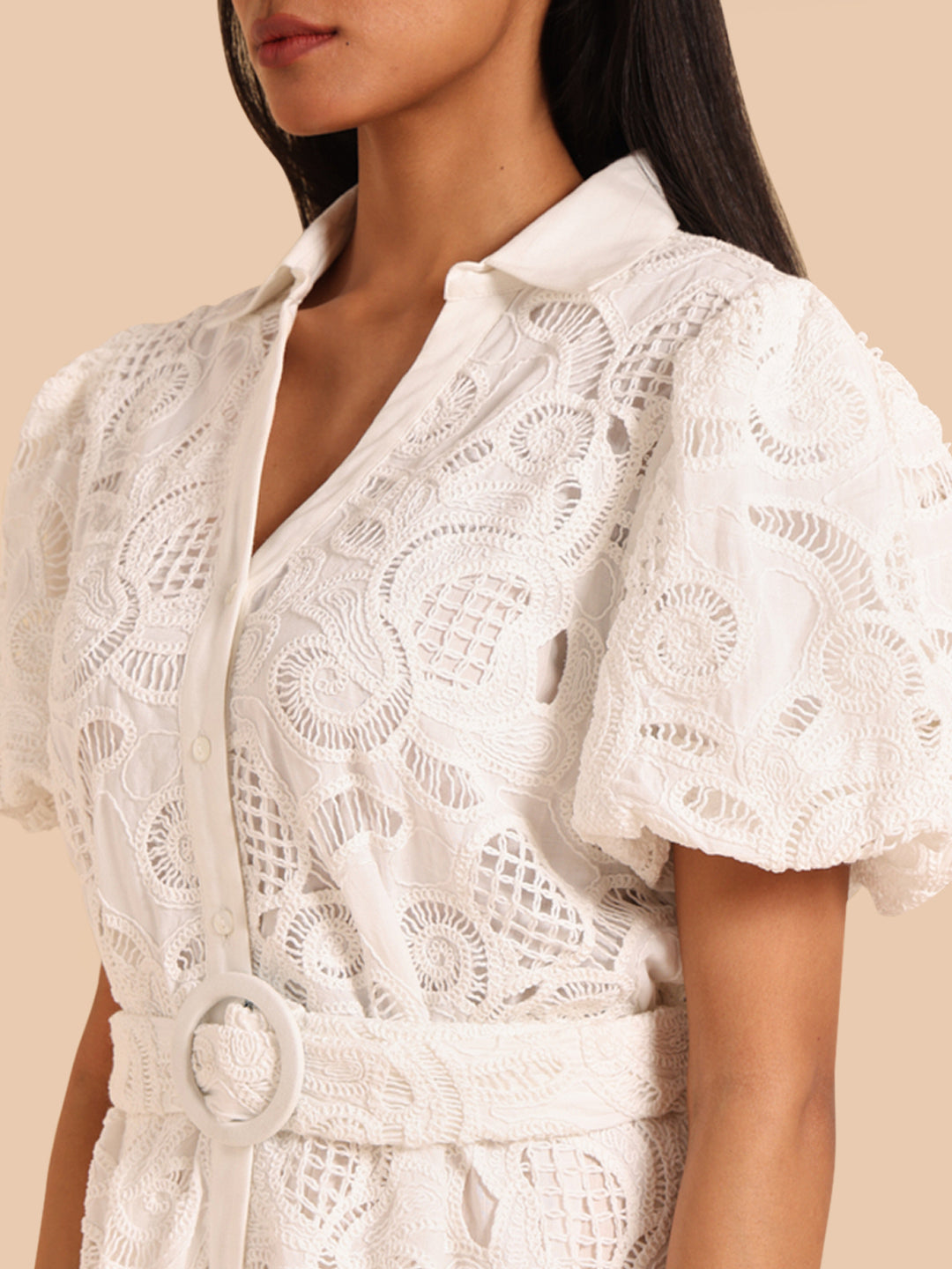 White Lace Belted Shirt Dress