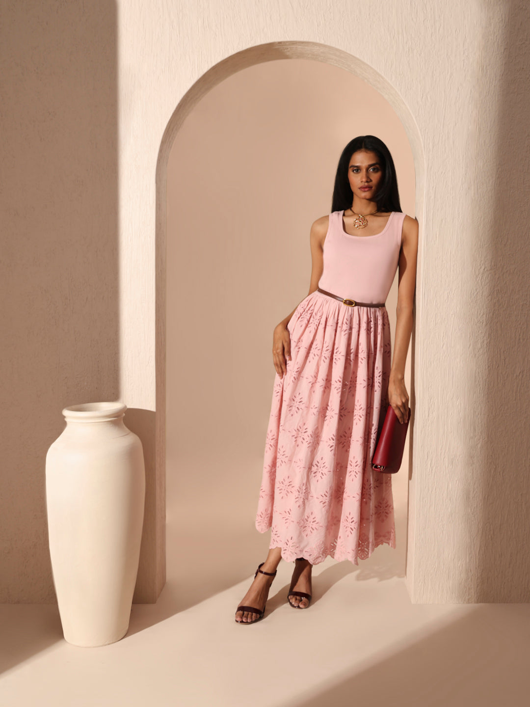 Pink Lace Cotton Midi Dress